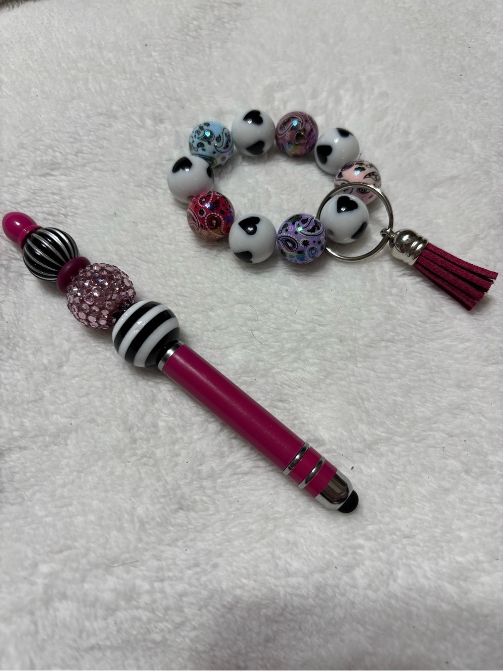 Pink Beaded Stylus Pen with Matching Heart Bead Keyring